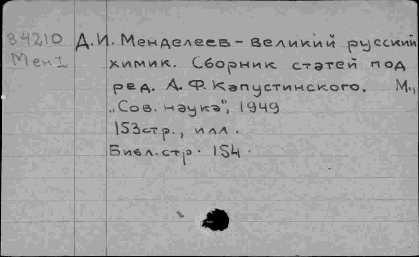 ﻿д.и. менделеев- величии русский '*	х^мик. Сборник статей под
ре д, А- Ч3- V'x а п у ст и некого,	М>)
„Cos. наук-а", 19ч<3
|5Ъ С.Т р . ) И л Л ■
Би<>Л-СТ|Э’ ISU •